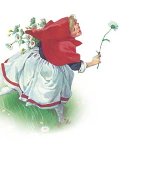 Apesar da  proibição de sua mãe, Chapéuzinho colhe flores no bosque (O Grande Livro das Fábulas Encantadas. Charles Perrault)