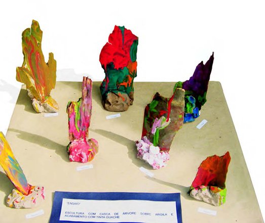 Uma das instalações  da exposição: cascas de eucalipto coloridas em base de argila