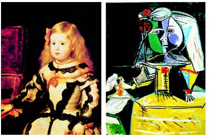 À esquerda, Retrato da Infanta Margarida da Espanha, de Velásquez (1654); à direita, a Releitura da Infanta Margarida, de Picasso (1957). Velásquez, Coleção Mestres da Pintura, Nº 84 - Abril Cultural, 1977
